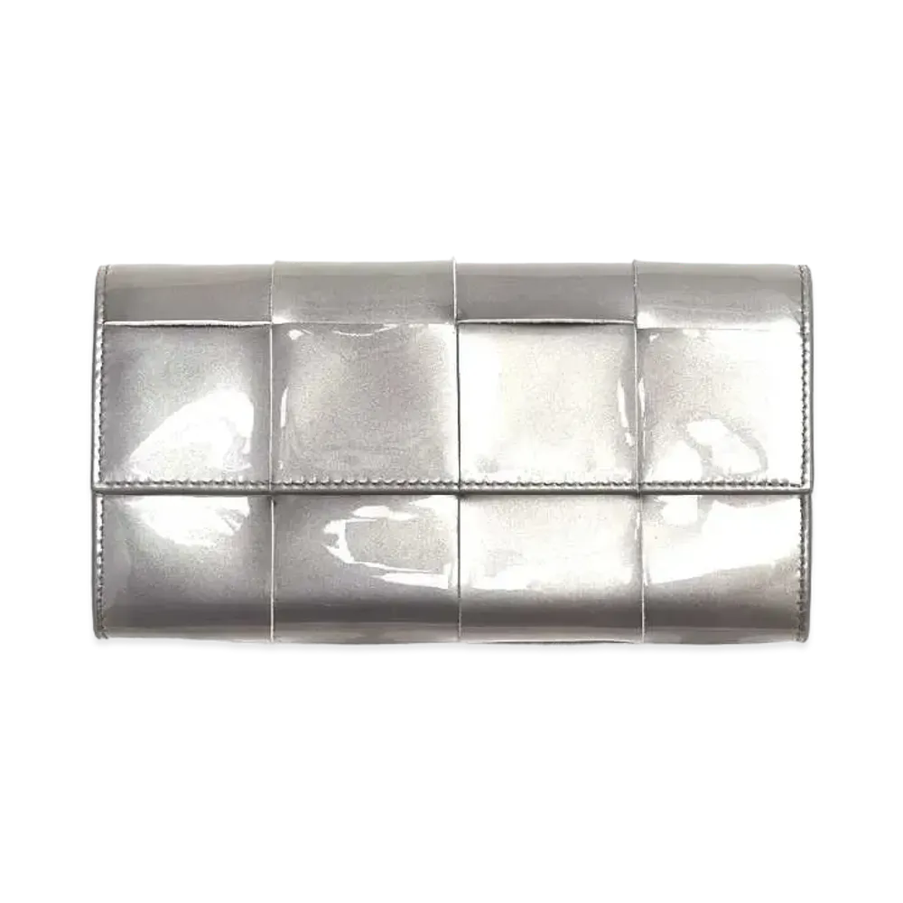 Bottega Veneta Casette Maxi Intrecciato Calfskin Flap Long Wallet "Silver"
