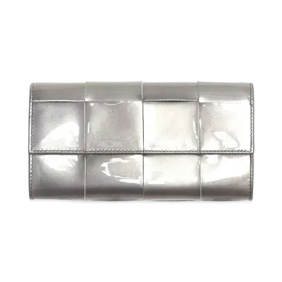 Bottega Veneta Casette Maxi Intrecciato Calfskin Flap Long Wallet "Silver"