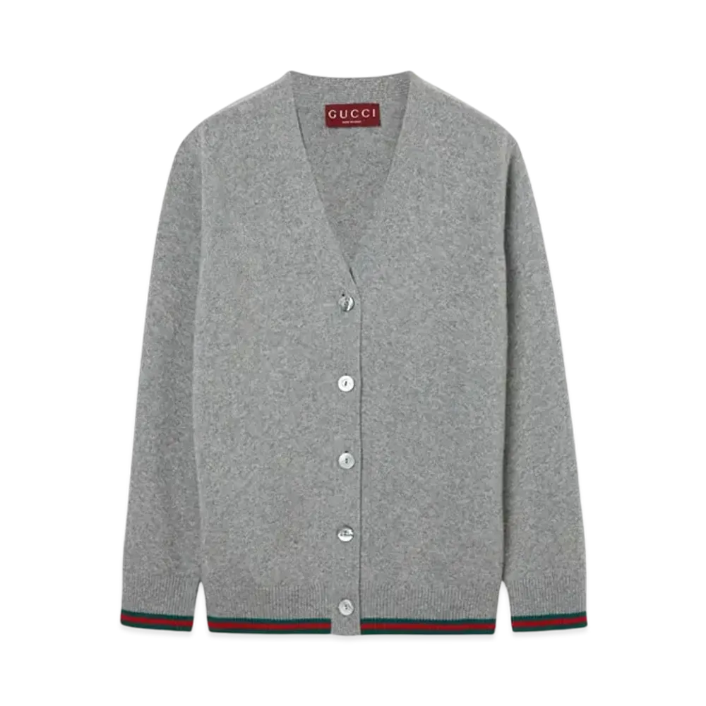 GUCCI Wool and Cashmere Cardigan With Web "Gray Melange"