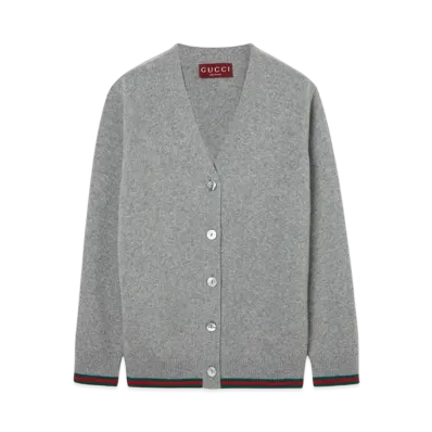 GUCCI Wool and Cashmere Cardigan With Web "Gray Melange"