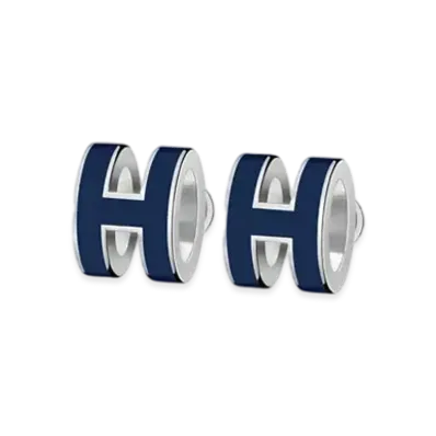 Hermes Mini Pop H Earrings "Palladium/Bleu Fonce"