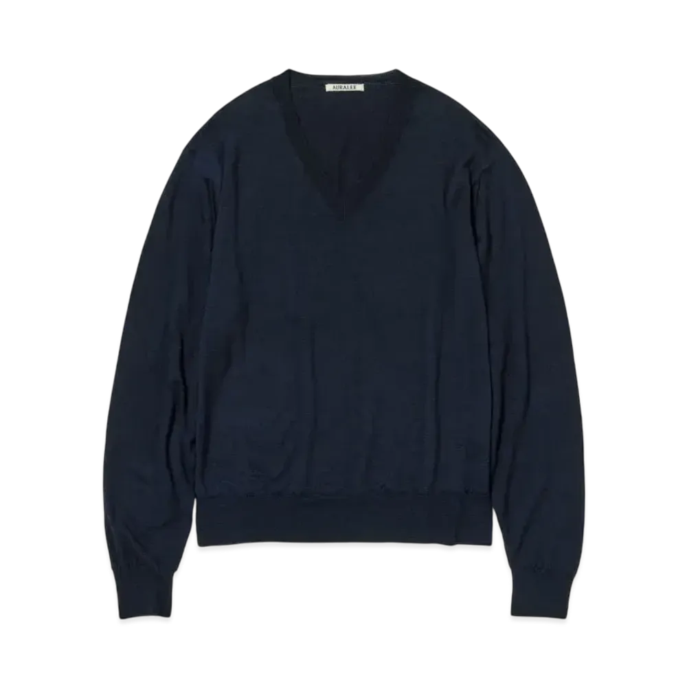 AURALEE Product Dyed Wool Knit V-Neck P/O "Navy"