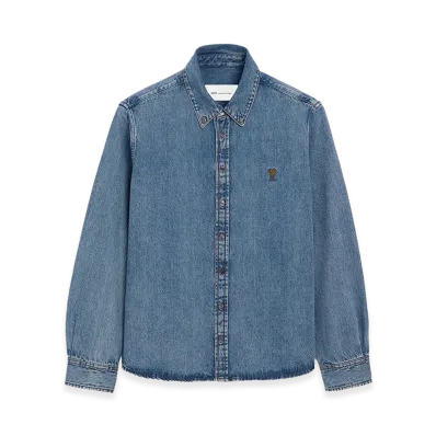 AMI PARIS Cotton Button Down Ami De Coeur Shirt "Blue"