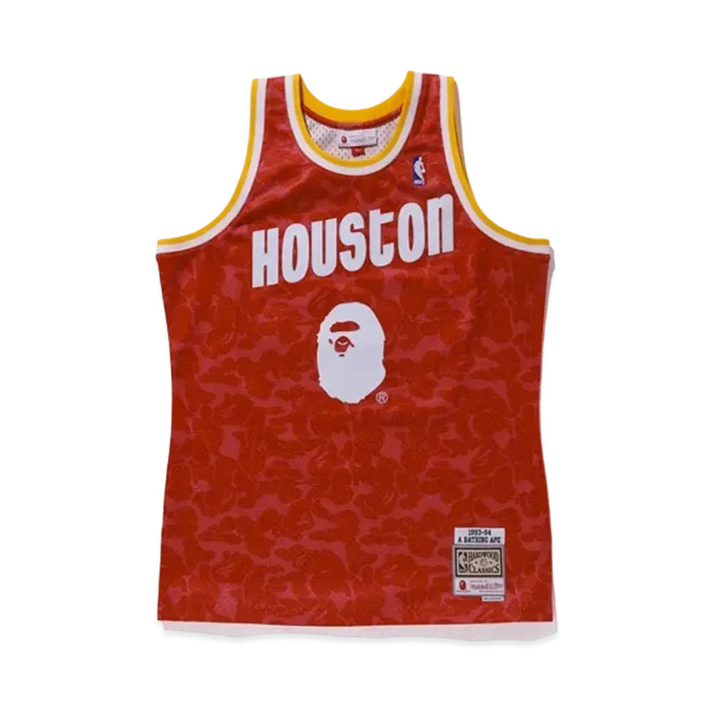 A BATHING APE Mitchell & Ness Rockets Camo Basketball Swingman Jersey "Red"