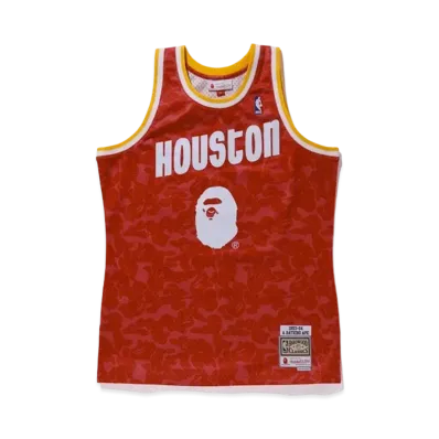 A BATHING APE Mitchell & Ness Rockets Camo Basketball Swingman Jersey "Red"