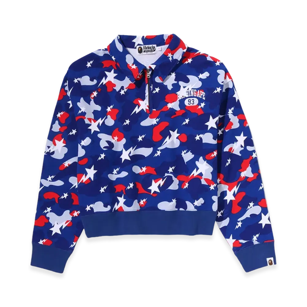 A BATHING APE Women's Sta Strike Camo Polo Cropped Crewneck Sweatshirt "Blue"