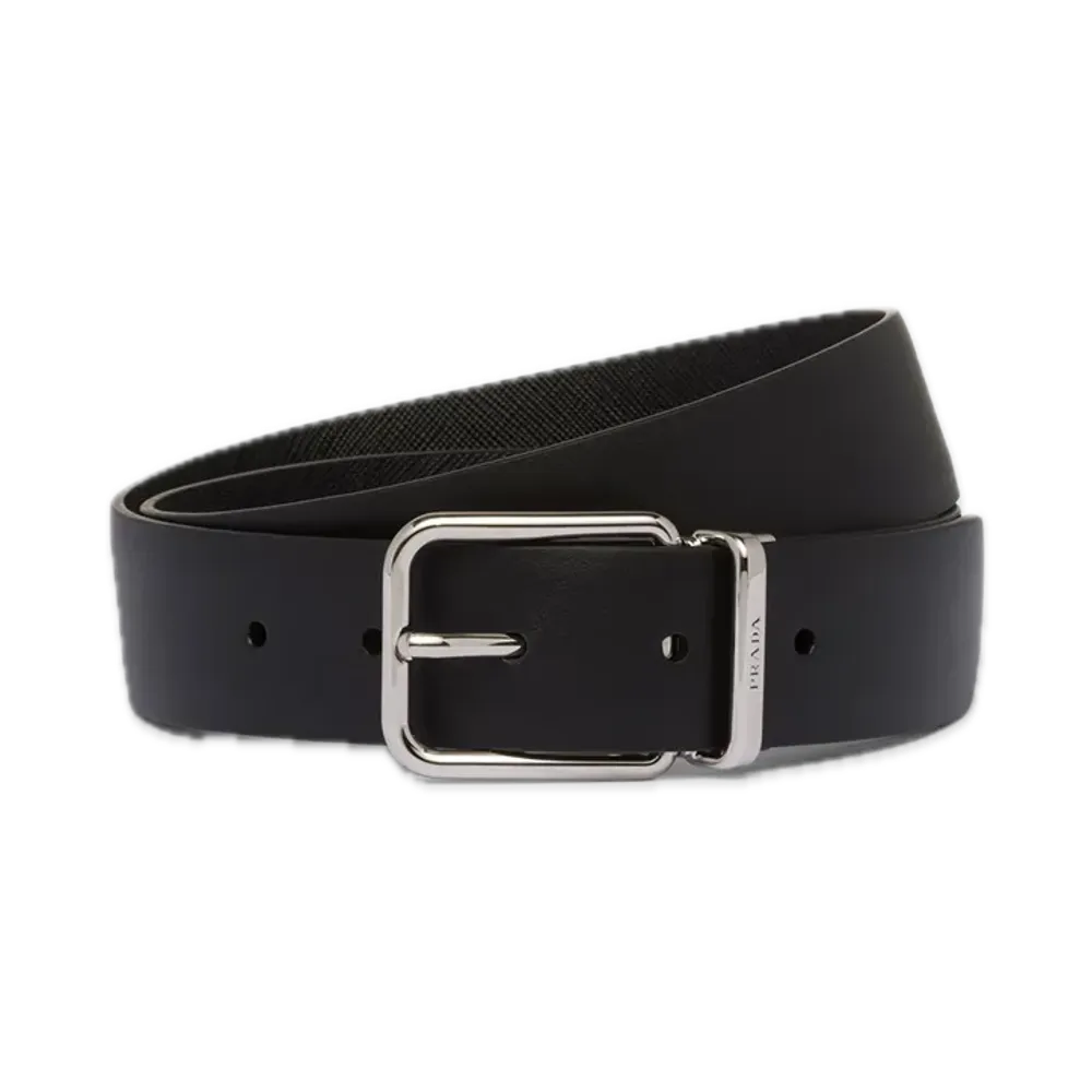 PRADA Saffiano Leather x Leather Reversible Belt "Black"