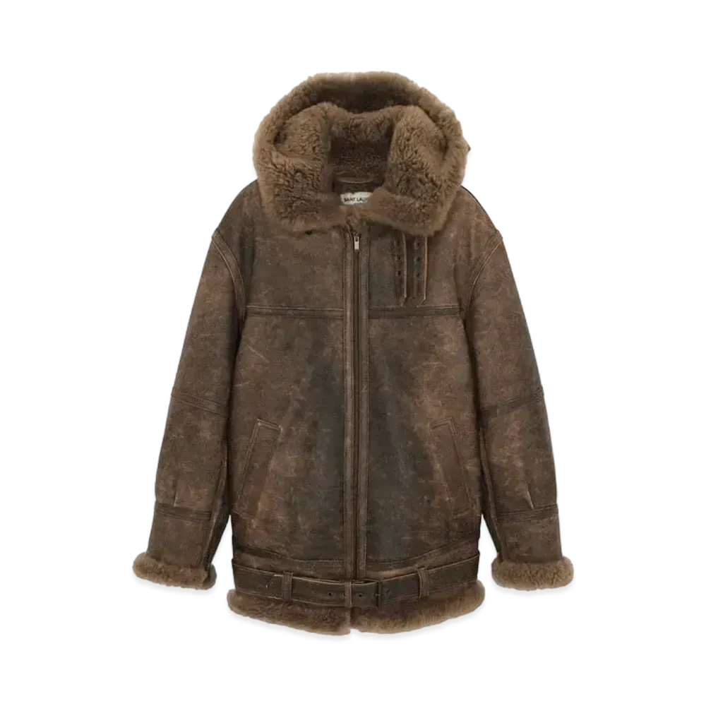 Saint Laurent Women's Aviator Jacket in Aged Lambskin and Shearling "Marron Fonce"