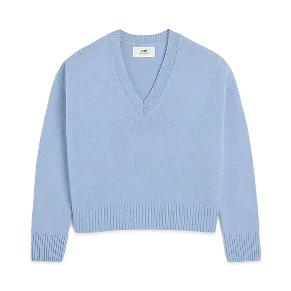AMI PARIS Wool & Cashmere Blend V Neck Sweater "Cashmere Blue "