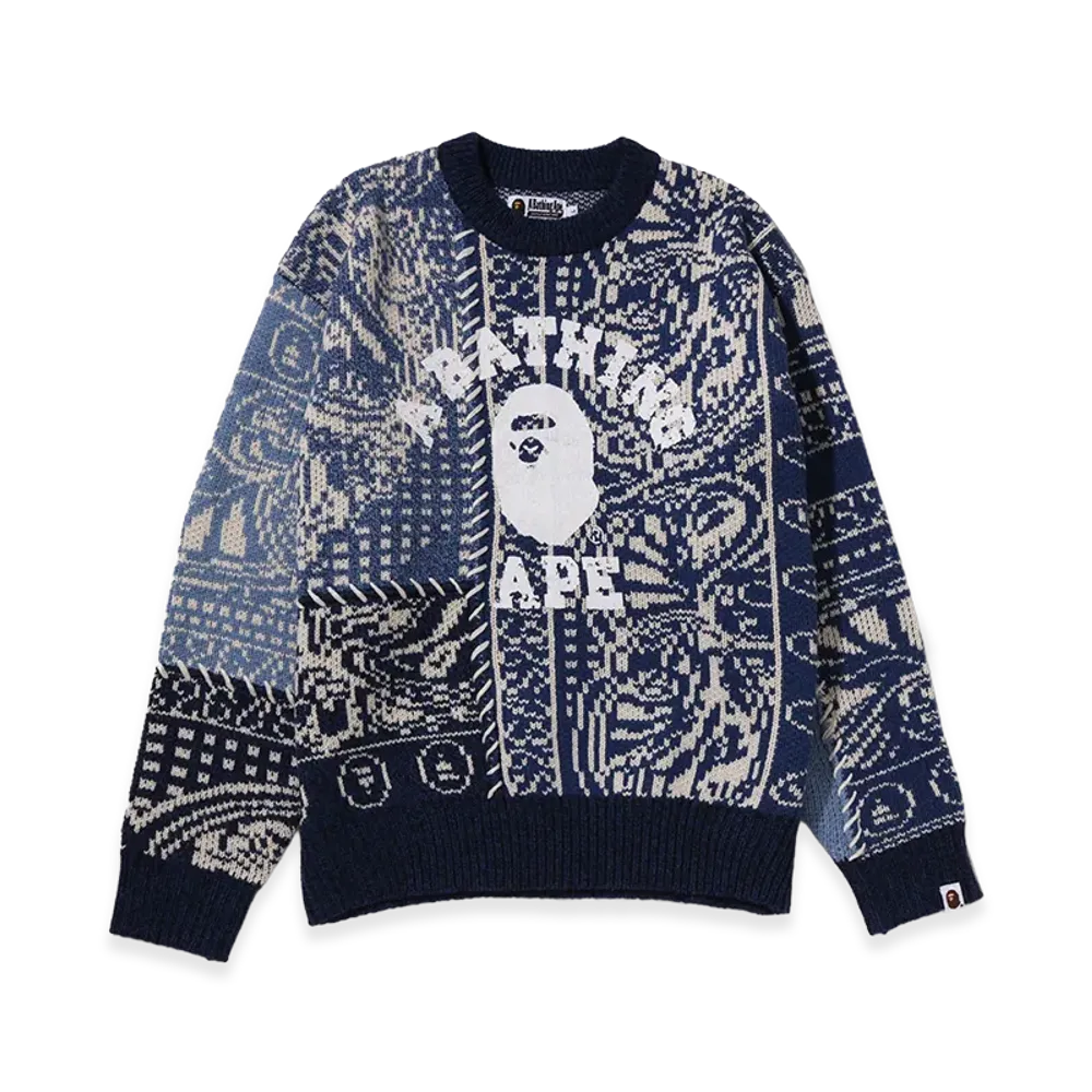 A BATHING APE Paisley Pattern College Knit Crewneck Sweatshirt "Navy"