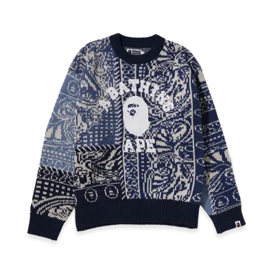 A BATHING APE Paisley Pattern College Knit Crewneck Sweatshirt "Navy"
