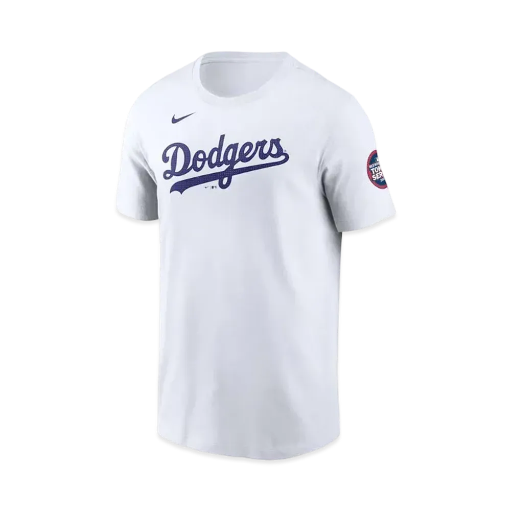 MLB Nike Dodgers Shohei Otani Name & Number Uniform Number T-Shirt MLB Tokyo Series Opening Game Sleeve Patch "White"