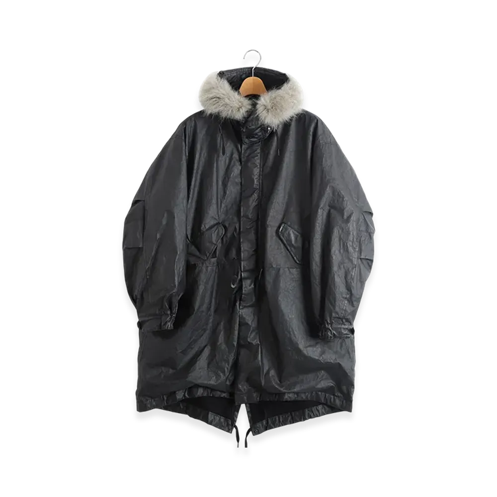 COMOLI Paper Leather Military Hooded Coat "Black"