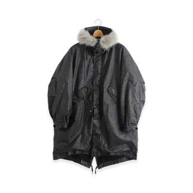 COMOLI Paper Leather Military Hooded Coat "Black"