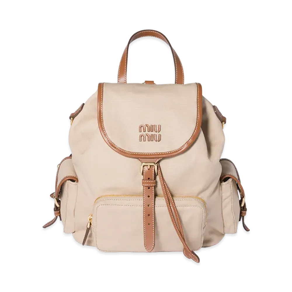 MIU MIU Canvas x Leather Backpack "Cord Beige/Brandy"