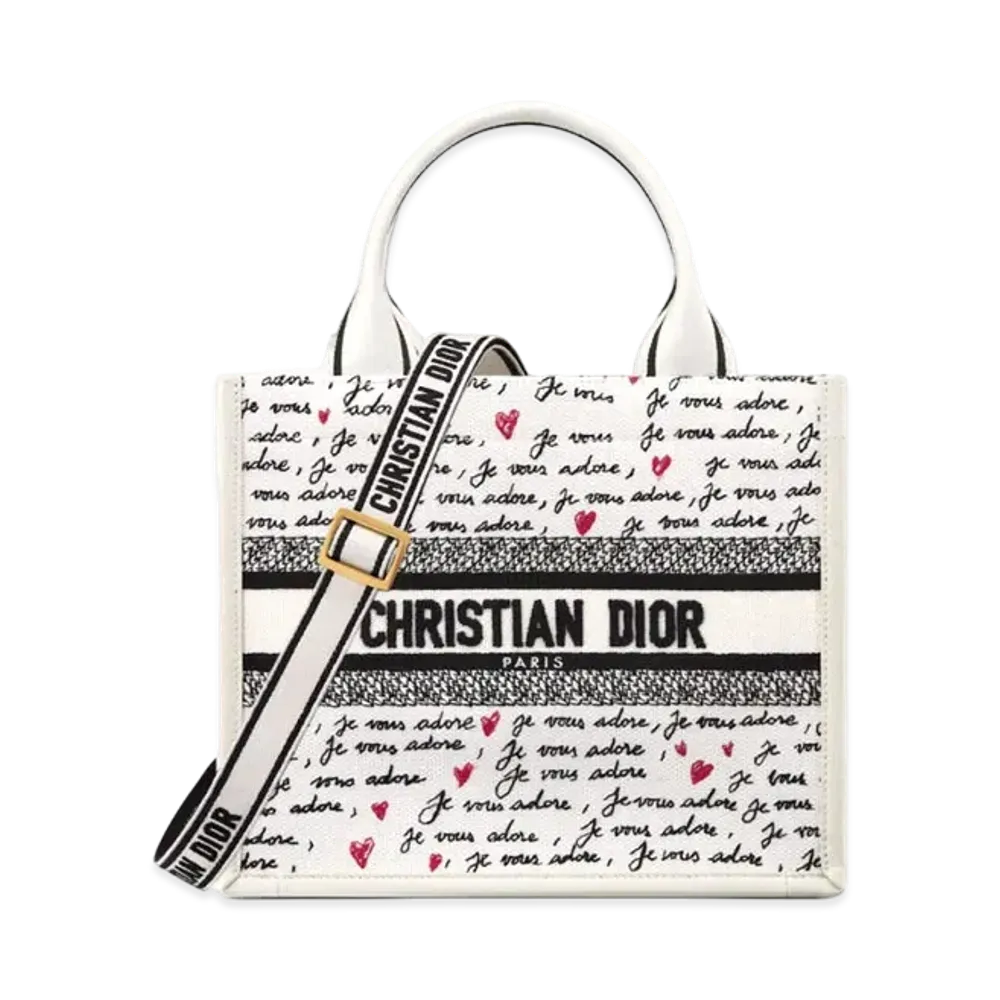 Dior Dioramour Small Dior Book Tote Calfskin with Je Vous Adore Embroidery (26.5 x 22 x 14 cm) "White/Black/Red"