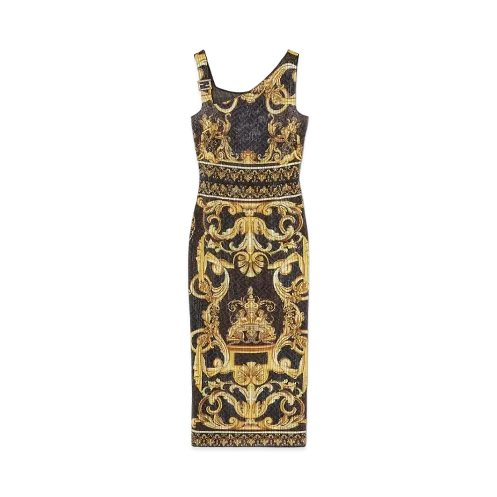 FENDI x Versace Fendace Crystal Gold Baroque Midi Dress