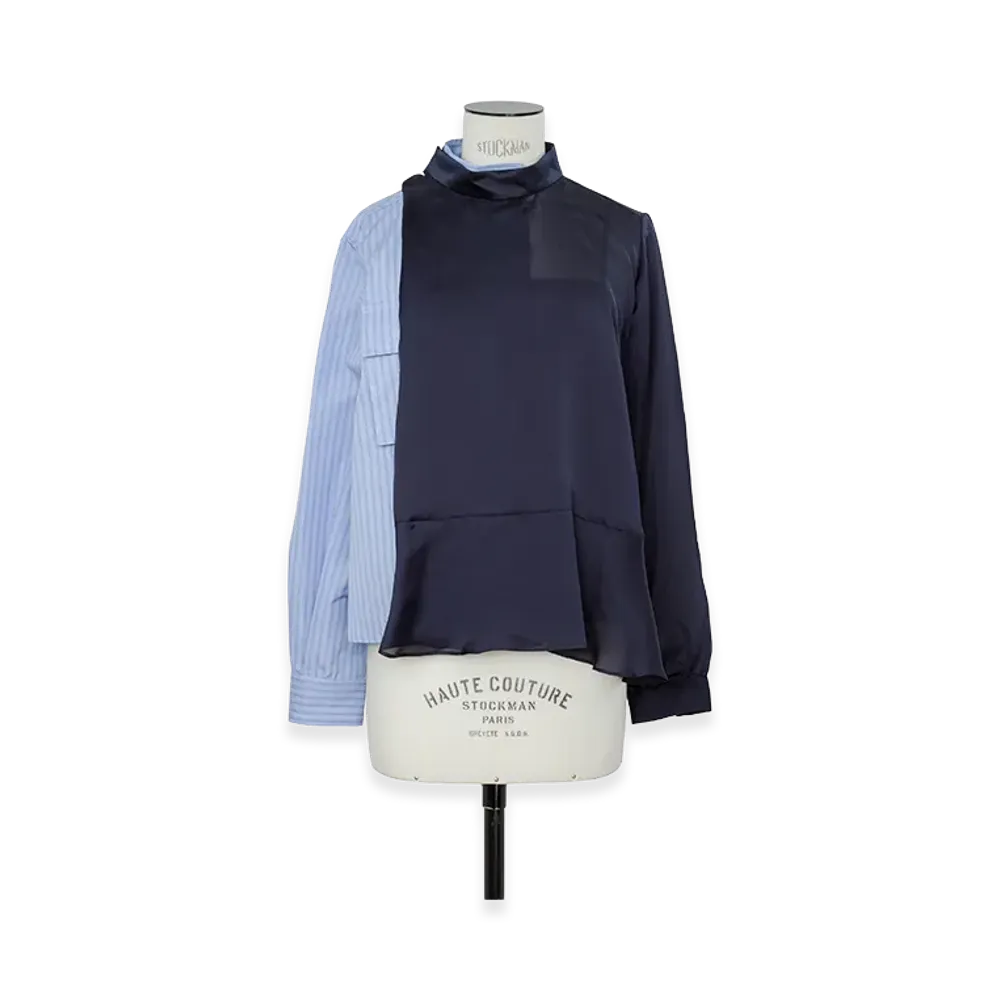 sacai Women's Poplin x Satin Blouse "Light Blue Stripe/Navy"