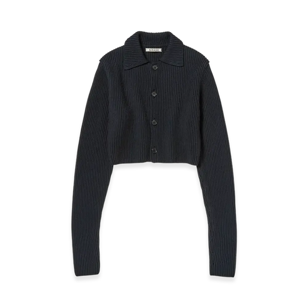 AURALEE Super Fine Wool Soft Rib Knit Cropped Shirt Cardigan "Dark Navy"