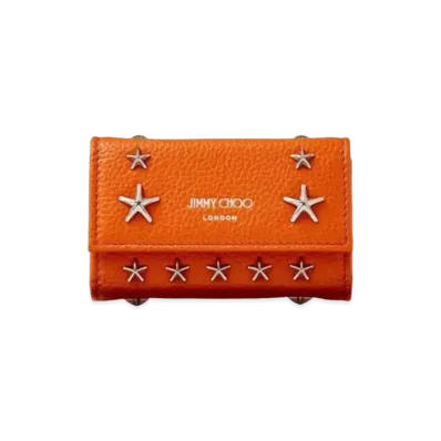 JIMMY CHOO HOWICK Soft Grainy Calf Leather Key Case With Star Studs "Amber Orange"