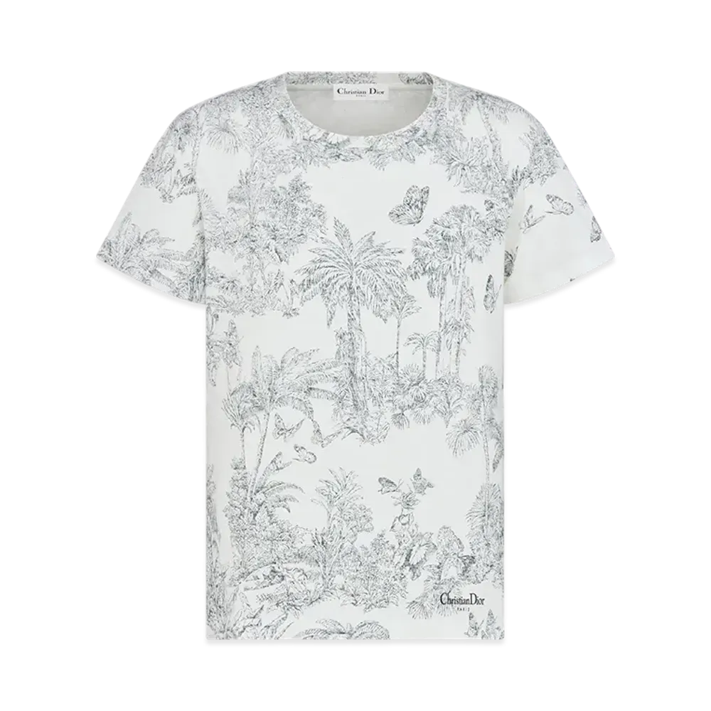Dior Women's Dioriviera T-Shirt Toile de Jouy Palms Cotton and Linen Jersey "White/Blue"