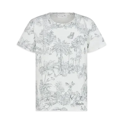 Dior Women's Dioriviera T-Shirt Toile de Jouy Palms Cotton and Linen Jersey "White/Blue"