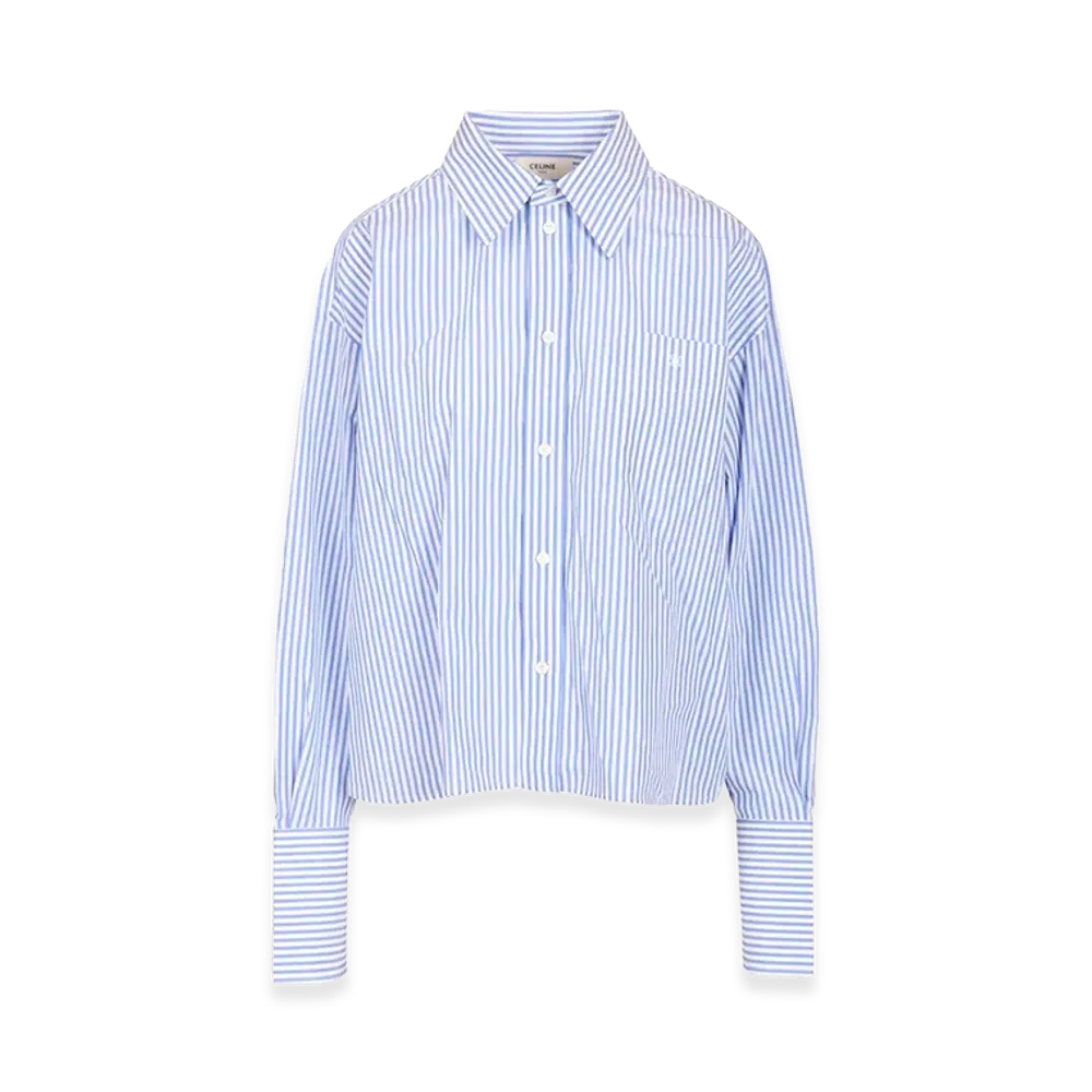 CELINE Women's Cropped Shirt Striped Cotton Poplin "Light Blue"