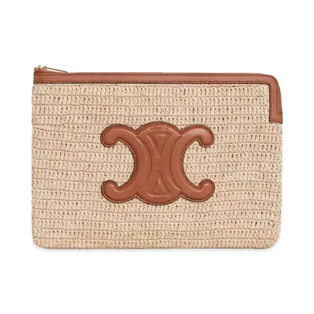 CELINE Small Pouch in Raffia and Natural Calfskin with Patch Triomphe  "Natural/Tan"