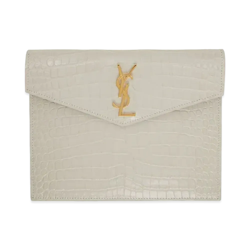 SAINT LAURENT Uptown Baby Pouch In Shiny Crocodile-Embossed Leather "Vintage White"