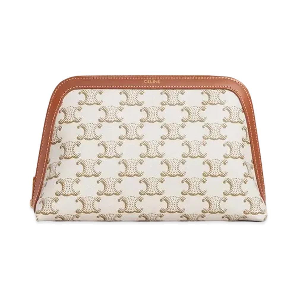 CELINE Medium Cosmetic Pouch In Triomphe Canvas And Calfskin "White"