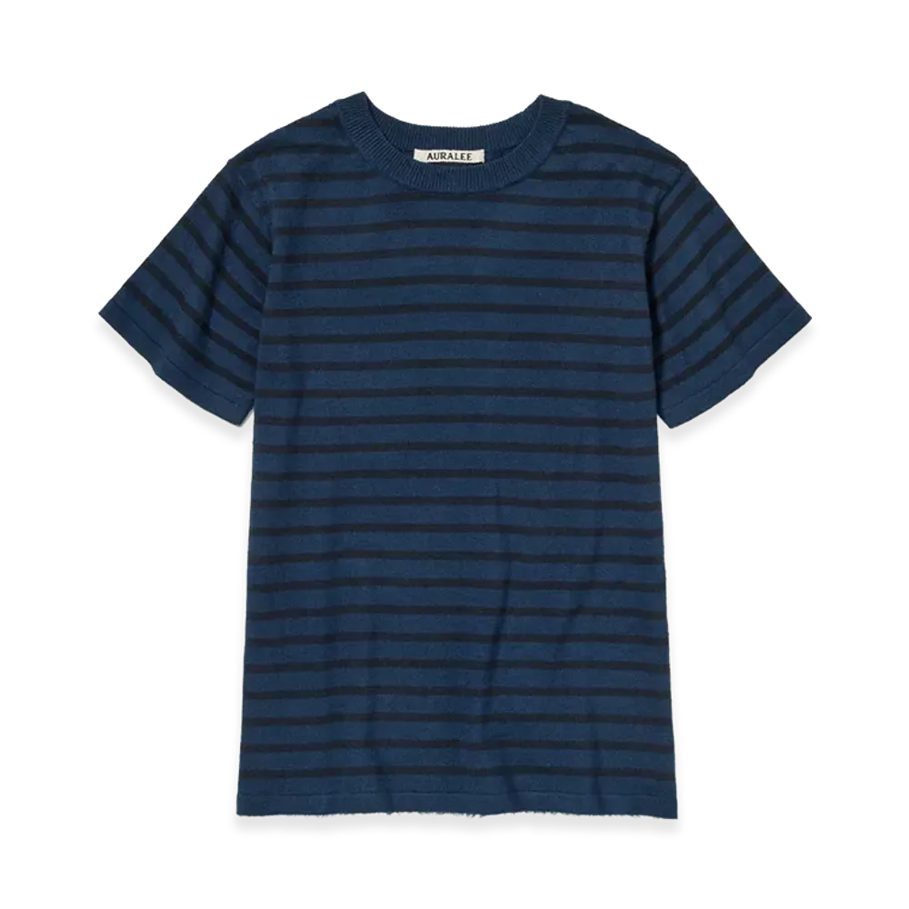 AURALEE Women's High Gauge Cotton Knit Tee "Blue Navy Stripe"