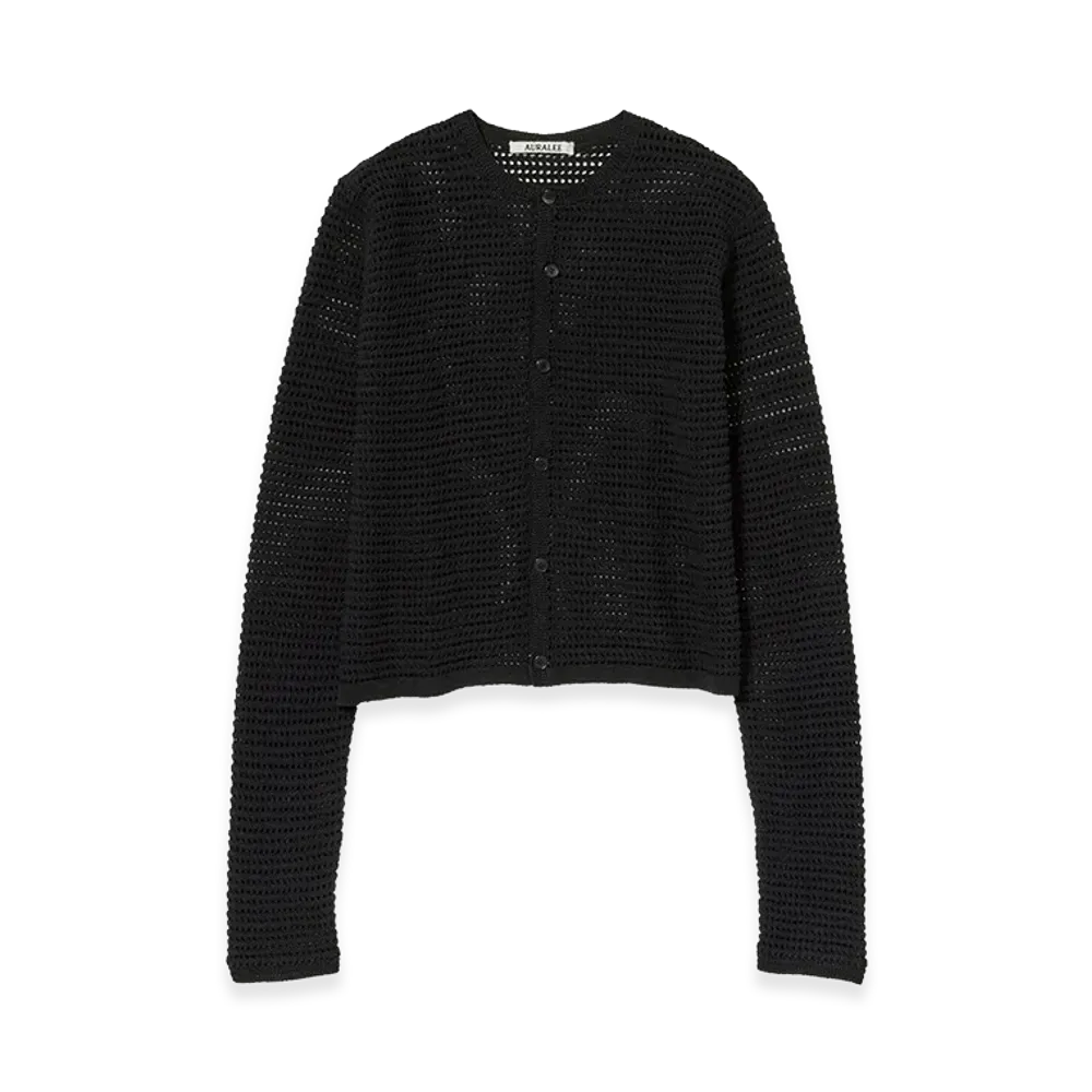 AURALEE Tussah Silk Cotton Mesh Knit Cardigan "Black"