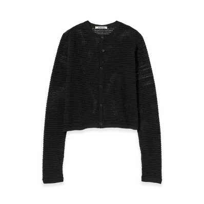 AURALEE Tussah Silk Cotton Mesh Knit Cardigan "Black"