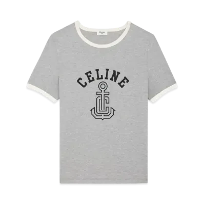 CELINE Women's Anchor 70's T-Shirt in Cotton Jersey "Grey Melange/Black/Cream"