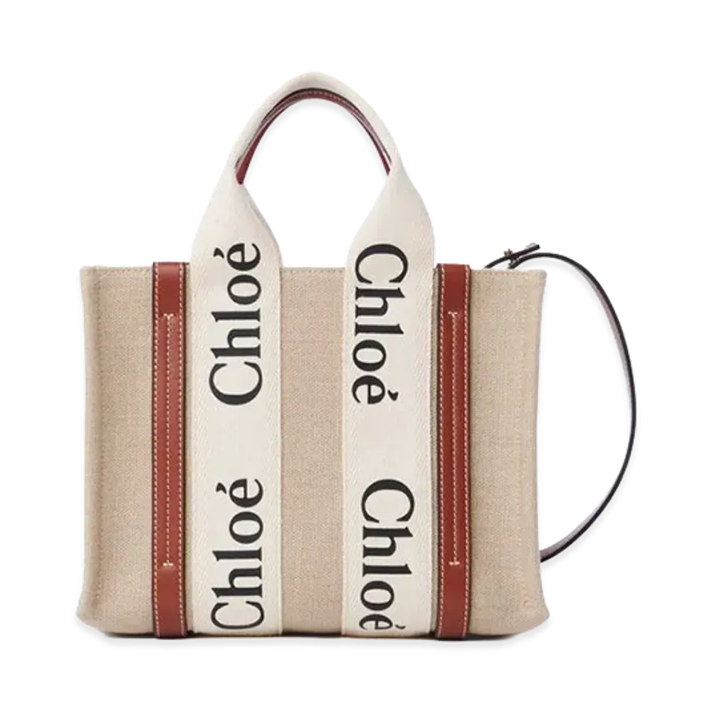Chloe Woody Small Tote Bag in Linen "White/Brown"