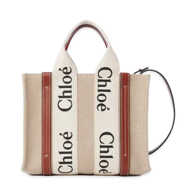 Chloe Woody Small Tote Bag in Linen "White/Brown"