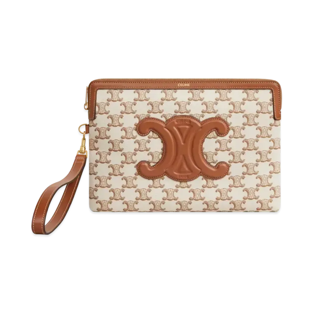 CELINE Small Pouch with Strap in Textile with Triomphe Print and Calfskin "White"