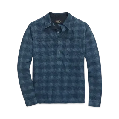 RRL Ralph Lauren Check Print Jersey Popover Work Shirt "Navy"