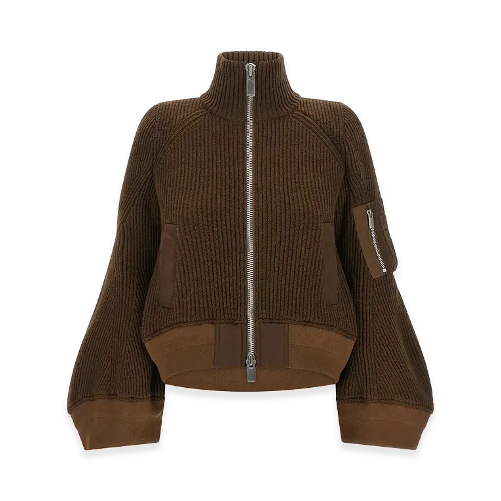 sacai Women's nylon Twill x Wool Knit Blouson "Brown"