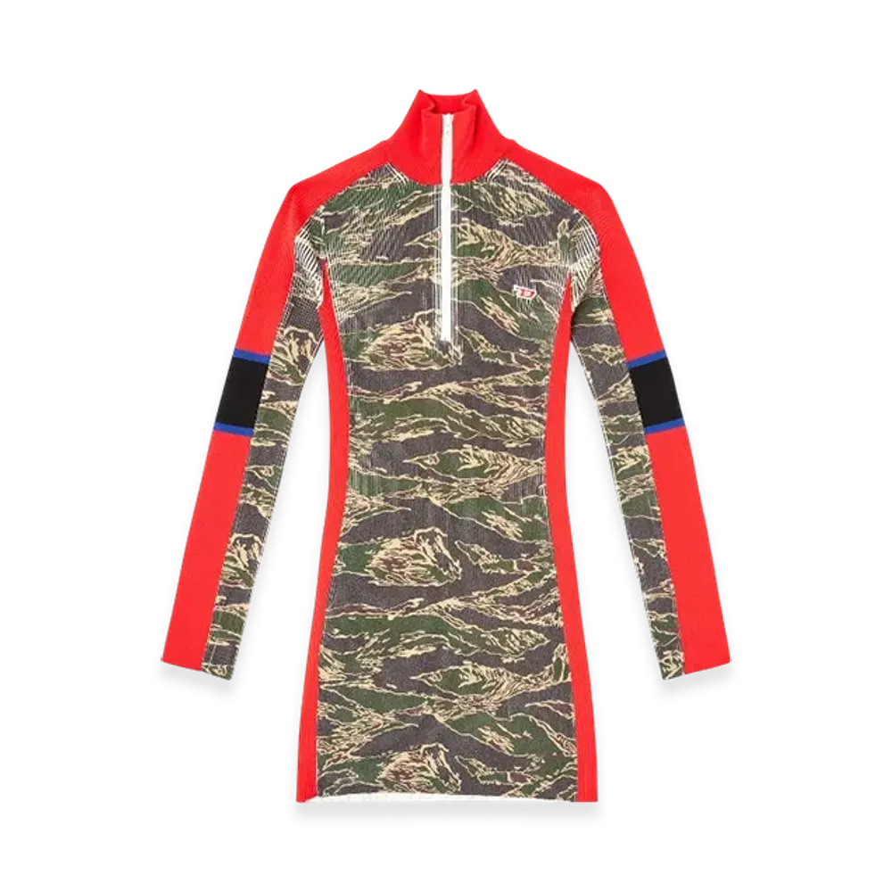 Diesel M-Camok Camo Mini Dress In Ribbed Viscose "Green Red"