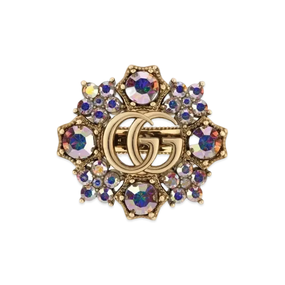 GUCCI Antique Gold Tone Metal Double G Crystal Flower Ring "Gold"