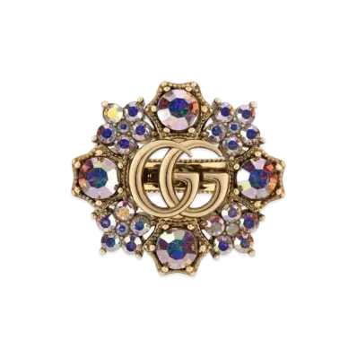 GUCCI Antique Gold Tone Metal Double G Crystal Flower Ring "Gold"