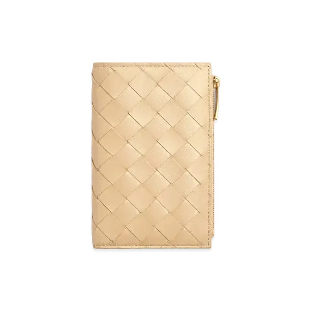 Bottega Veneta Intrecciato Lambskin Calfskin Medium Bi-fold Zip Wallet "Porridge"