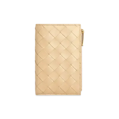 Bottega Veneta Intrecciato Lambskin Calfskin Medium Bi-fold Zip Wallet "Porridge"
