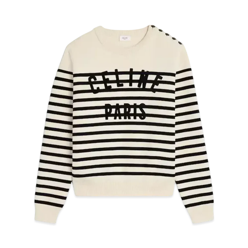CELINE Men's Crew Neck Mariniere Sweater in Cotton "Off White/Black"