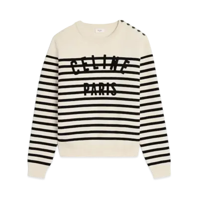 CELINE Men's Crew Neck Mariniere Sweater in Cotton "Off White/Black"