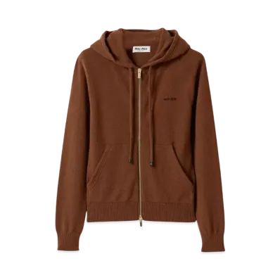 MIUMIU Women's Zippered Cashmere Hoodie Jacket "Brown"