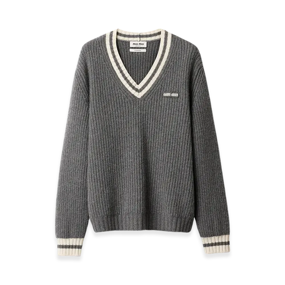 MIU MIU Women's Wool and Cashmere V-Neck Sweater "Slate Gray"