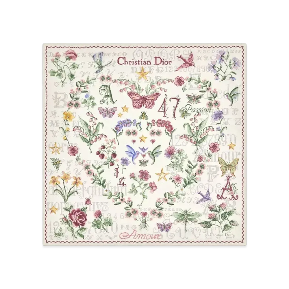 Dior Dioramour Amour 1947 70 Square Scarf Silk Twill "Ivory Multicolor"