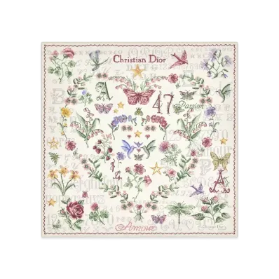 Dior Dioramour Amour 1947 70 Square Scarf Silk Twill "Ivory Multicolor"